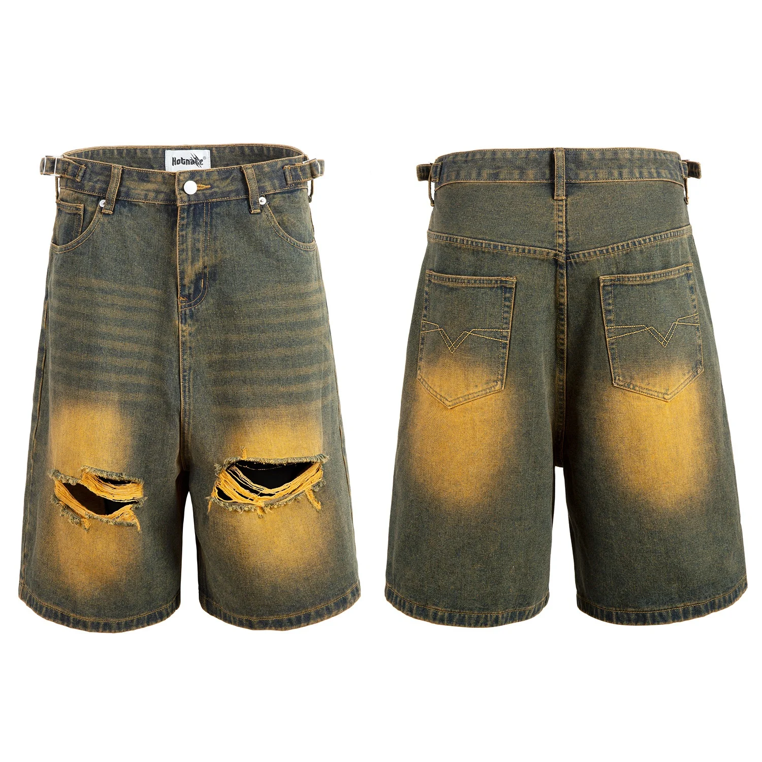 Amerikaanse vintage-stijl gewassen, versleten en gescheurde denim korte broek met middelhoge taille, zomerse straight-leg jeans, streetwear, gecropte unisex stijl, universeel te combineren