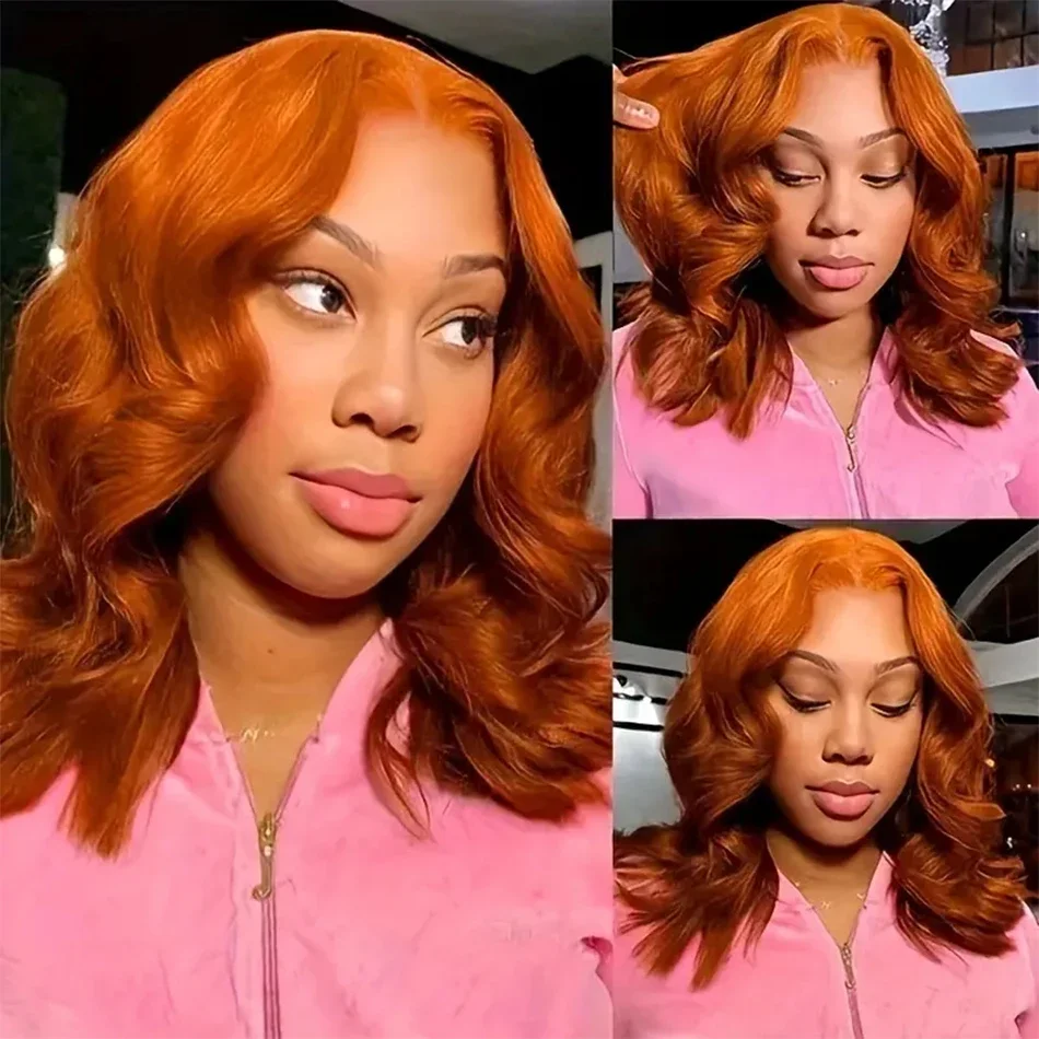 Ingwer-orange, kurze Bob-Perücke, gewellt, für Frauen, täglich, vorgezupft, peruanisches Remy-Echthaar, 13 x 4 Zoll, Frontal-Spitze, Bob-Perücke_voghion.com
