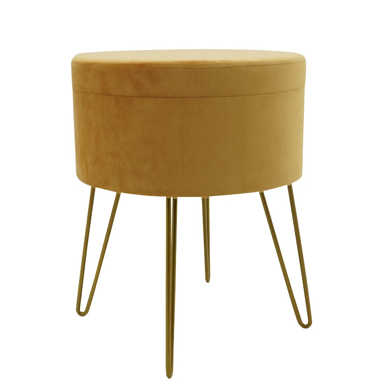 Customized Upholstered Vanity Footstool Dressing Chair Space Saving Round Velvet Footrest Stool Ottoman With Golden Metal Leg