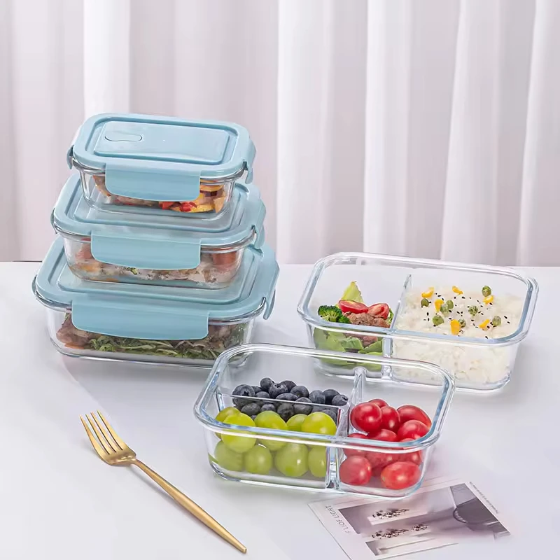 Wholesale 410ml 700ml 1040ml Airtight Glass Meal Prep Containers Plastic Lid Microwave Dishwasher Safe 3 Compartments Lunch Box