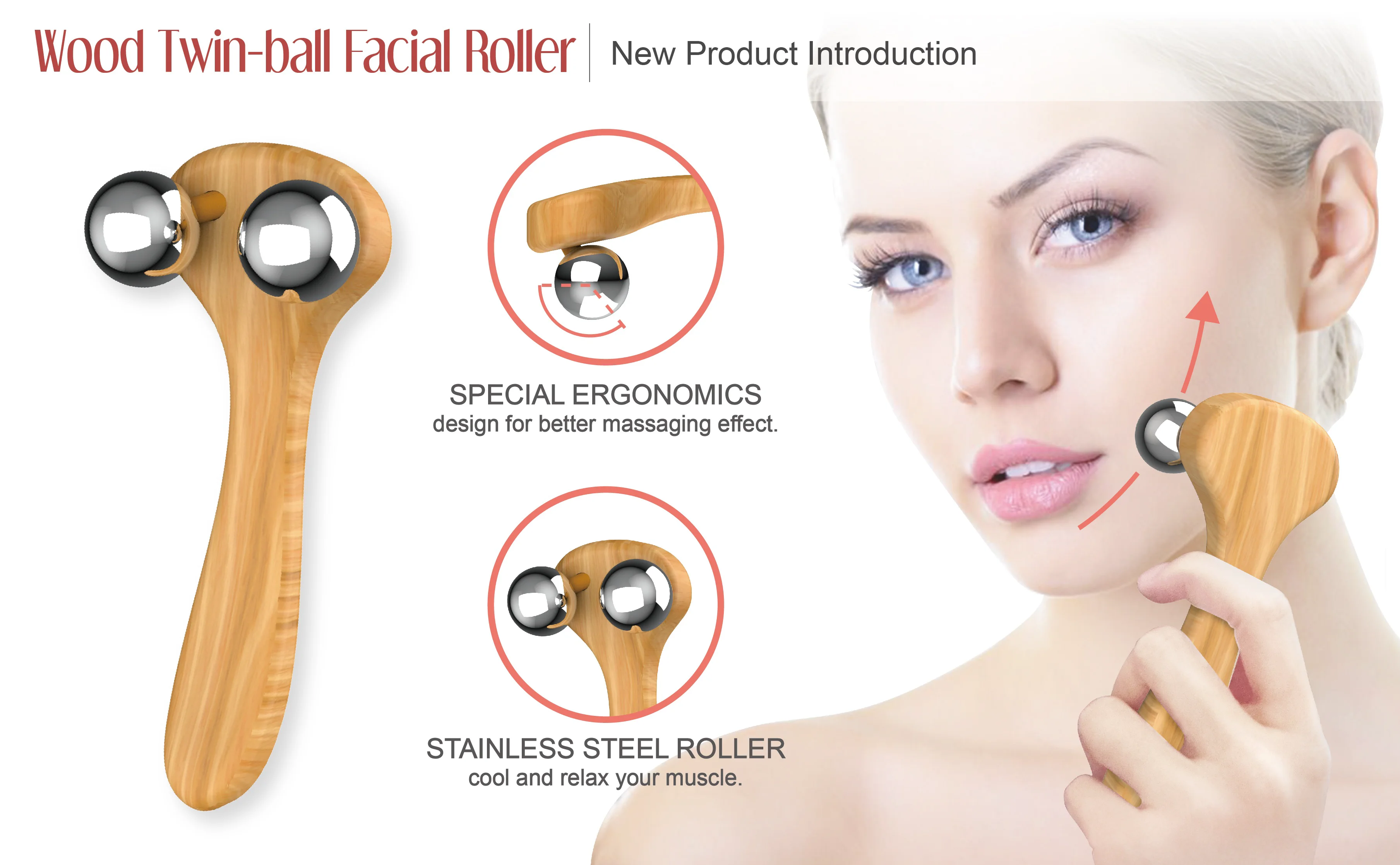 High Quality Wooden Facial Care Face Roller Stainless Steel Components PC/POM Custom Logo Premium Massage Relaxation Comfort