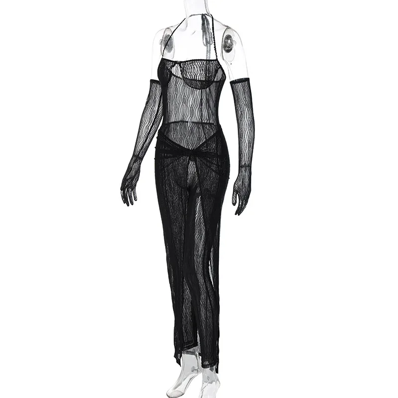 Lagerfe  9948 Haltermesh See Through  Bodysuit Slit Long Skirt Solid Women'S Dresses 2022 Fashion Party Club American Clothing