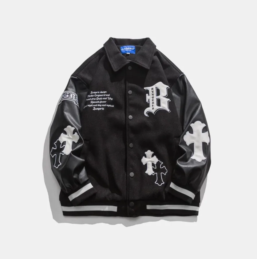 Athletic Black Baseball Vintage Jacket, Embroidery offers Patches on Sleeves + Back+Che