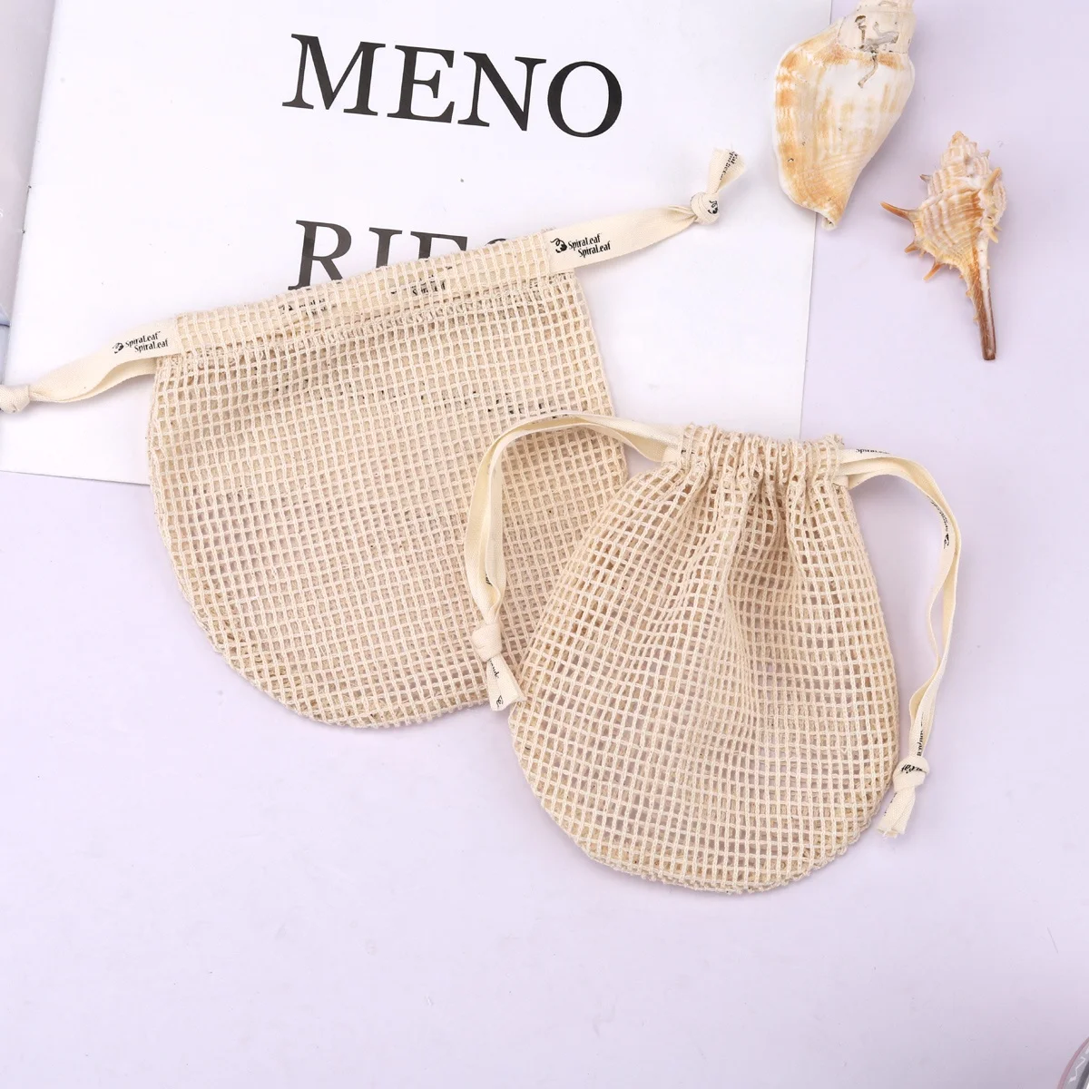 High Quality Cotton Mesh Drawstring Oval Soap Bag Reusable Custom Logo Cosmetic Mesh Pouch