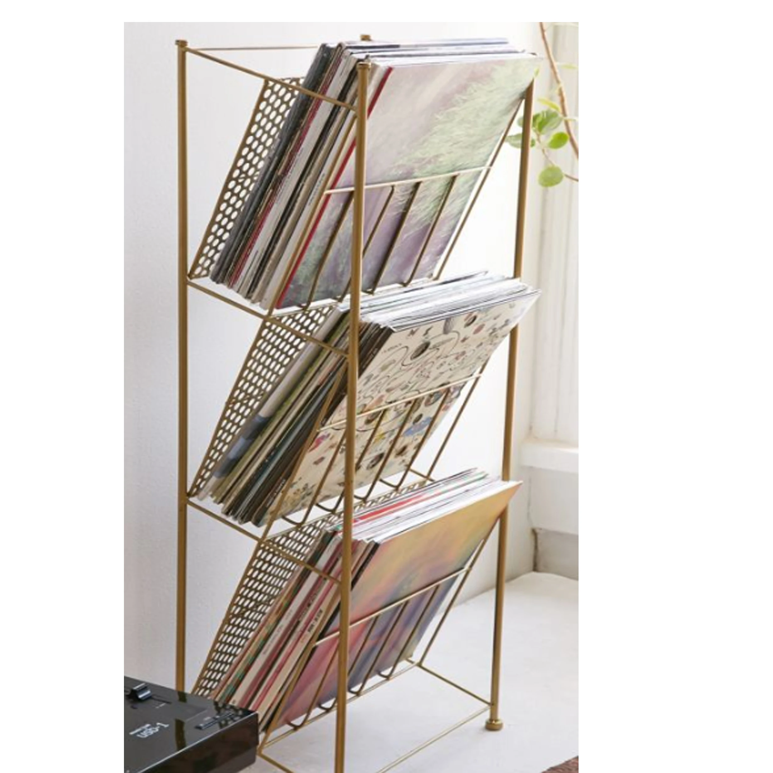 Ilyapa 2-Tier Gold Metal Record Player Stand with 14 Slot Vinyl
