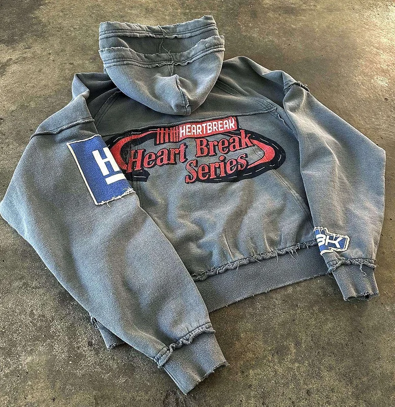 High Quality Wholesale Autumn Custom Printed Zip up Distressing Embroidery Acid Wash Double Hood French Terry Hoodie for Men gallery 8