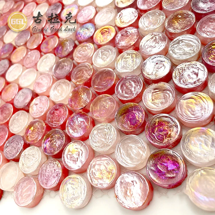 New Round Iridescent Glossy Crystal Glass Tile Pink Color Glass Mosaic Tile Building Material for Wall Pool Decor