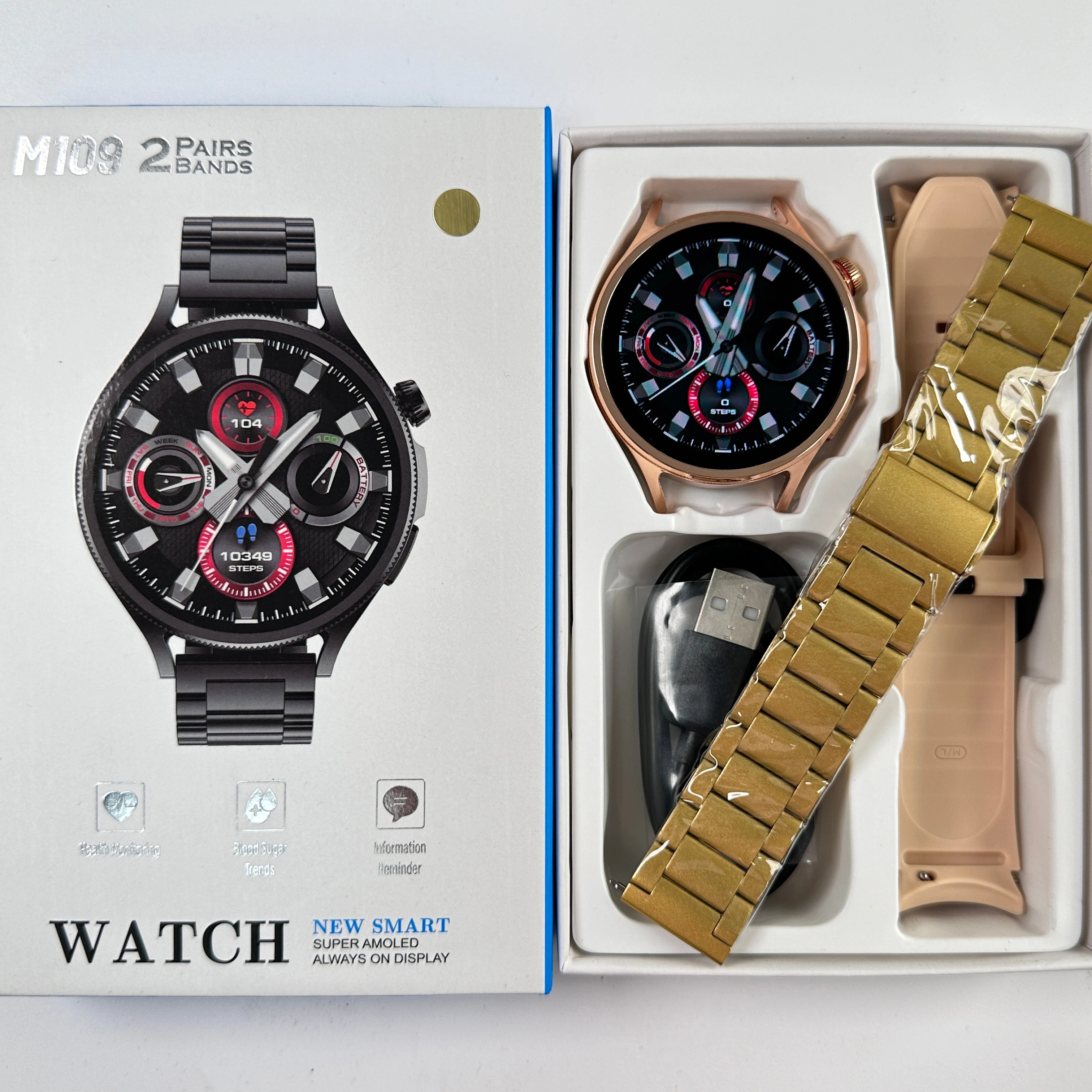 2024 Newest M109 Round Screen Smart Watch with Double Straps Reloj Fashion Band Smartwatch for IOS Android Mobile Phone