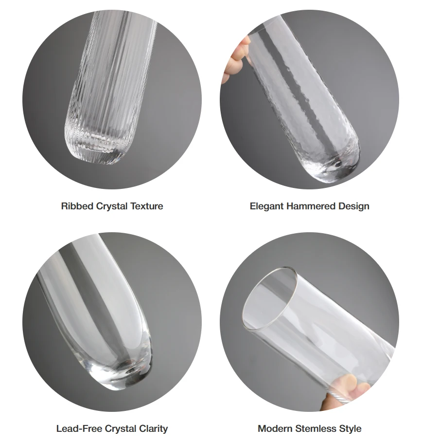 Custom Logo Unique Wedding bar Modern Ribbed Hammered Lead Free Crystal Stemless Prosecco Glassware Champagne Flutes Glasses