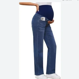 Pregnant Women's Straight-leg Jeans with Comfortable Stretch Fabric for the Belly, Available in Sizes S-XXL