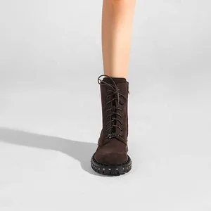 Moncheer Women's Korean Summer Retro Fashion Faux Suede Ankle Boots Studded Lace-Up Side Zipper Chunky Heel Inspired Chelsea