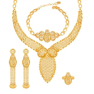 African Custom Champagne Gold Necklace Ring Ear Top Bracelet Bride Wedding Women