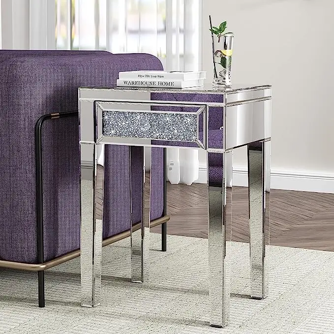 Swt 2023 Livingroom Mirrored End Table With Drawer End Table With