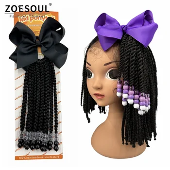Kids Braid Twist Hair Ponytail Extension With Beads Bow Rubber Band