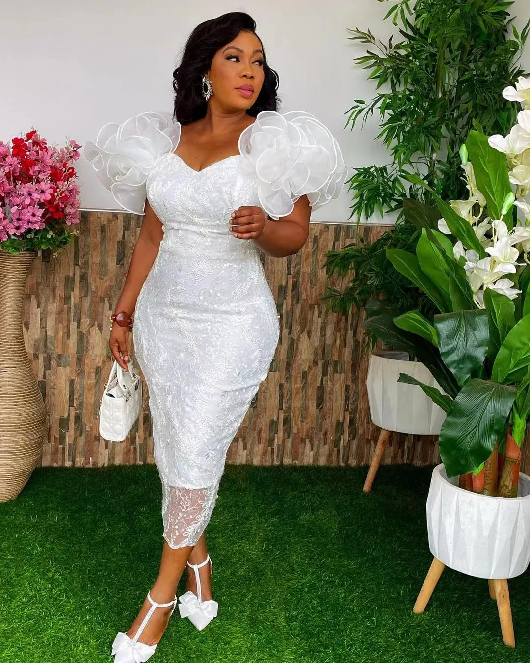 2024 African Women's White Lace Wedding Dress Party Dinner