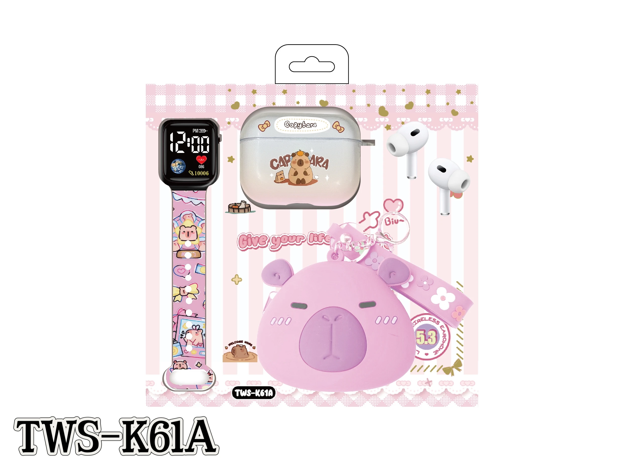 New TWS K61A Cartoon Bluetooth Earphones with Adorable Silicone Case Capybara Silicone Pouch LED Watch!