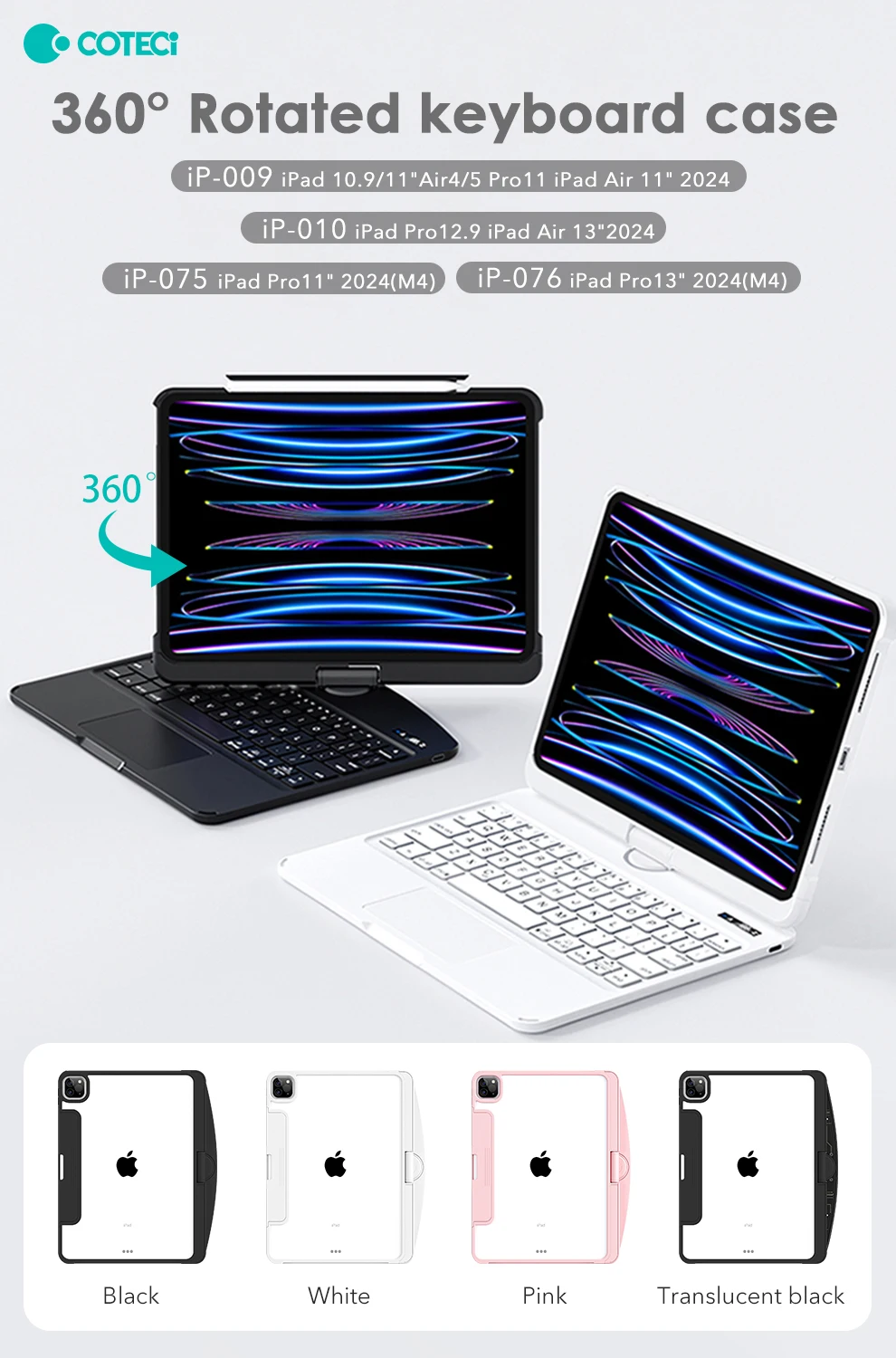 COTECi Roated Tablet Keyboard Case for iPad Air 4 5 Gen 10.9 11 13 Inch M2 M3 iPad Pro 12.9 11 13 Inch M4 2 3 4 Gen