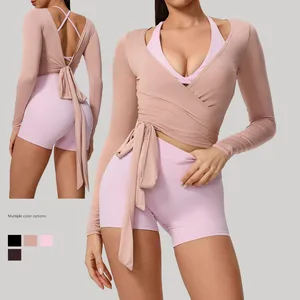 High-Quality One-Piece Slim-Fitting Long-Sleeved Yoga Tops Self Tie Women's Blouses & Shirts Open Front Yoga Wrap Tops for Women