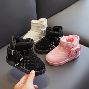 Fashion Winter Autumn Children Warm Plush Boots with Bow Princess Soft Leather Shoes Girl Snow Boots