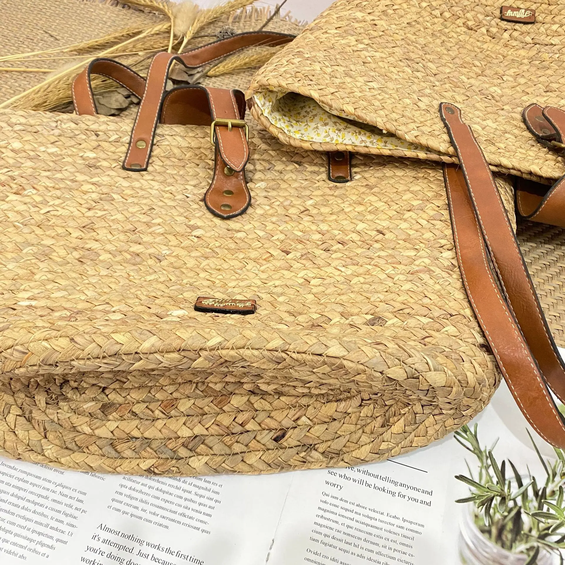 Oem Weaving Straw Bucket Beach Bag Summer Beach Women Large Flower