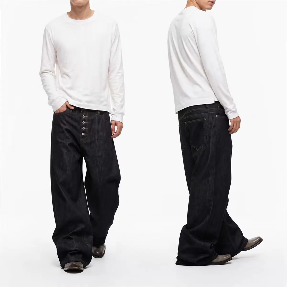 Wholesale Black Mens Jeans Raw Denim Super Baggy Wide Leg Button Fly Floor Length Y2K Streetwear Fashion Men Denim Jeans gallery 4