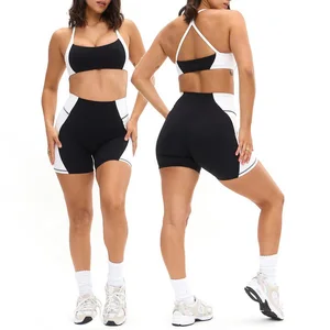 Custom Logo Four-Way Stretch Fitness Gym Activewear Wear 2 Pieces Square Neckline Sports Bra and Short Yoga Sets for Women