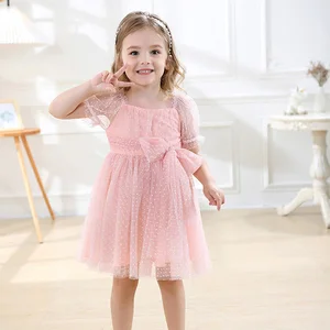 Custom Summer Baby Girl Party Printed Polka Dot Mesh Glitter Sequined Tutu Skirt Short-sleeved Princess Dresses Clothes for Kids