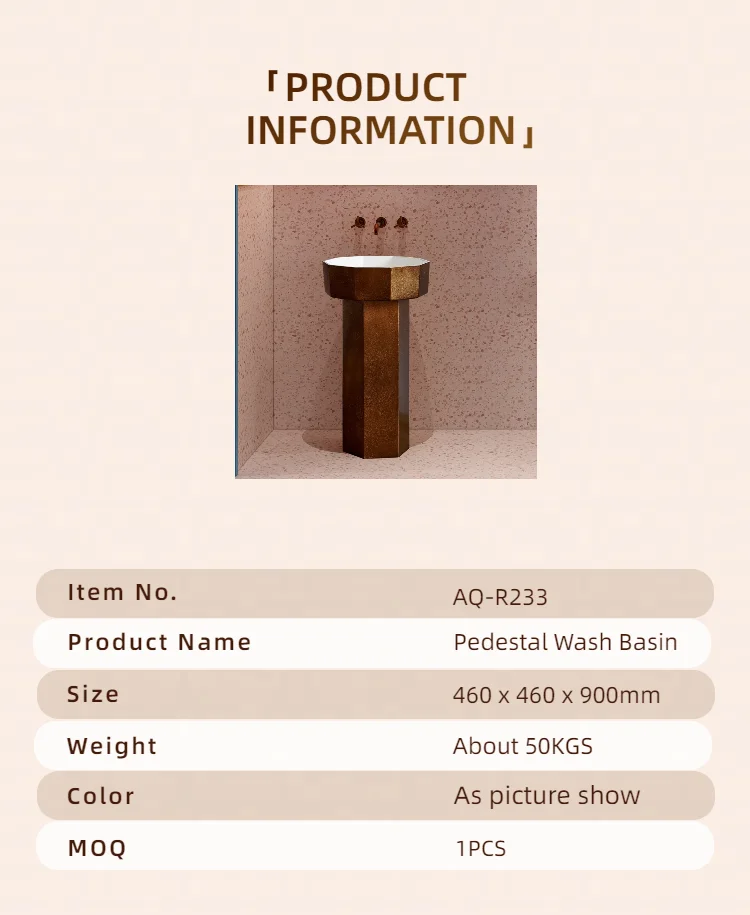 Antique Style Lectroplate Red Bronze Artificial Stone Freestanding Floor Standing Washbasin Bathroom Pedestal Hand Washing Sink