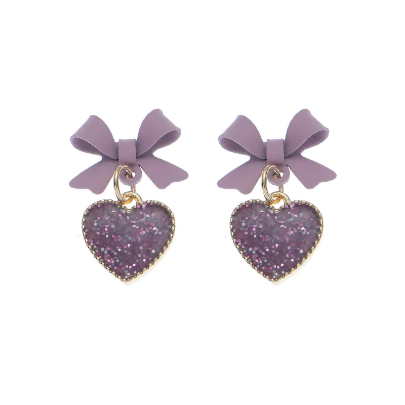 Purple Bow Heart Earrings Charms 