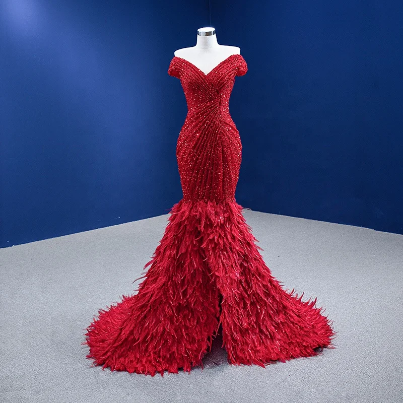 Custom Fit Flare Feather Trumpet Gown Sequined Lace Off Shoulder Pleating  Red Evening Dress