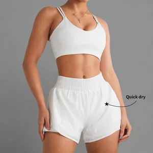 Custom Womens Workout Clothing Sets 2 Pieces Quick Dry Elastic Waist Shorts and Cross Sports Bra Yoga Gym Wear Tracksuits