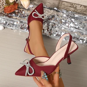 Hot Sale New Design Wholesale Plus Size Elegant Bow Knot Decoration High Heel Pointed Toe Thin Heeled Women Sandals Lady Heels