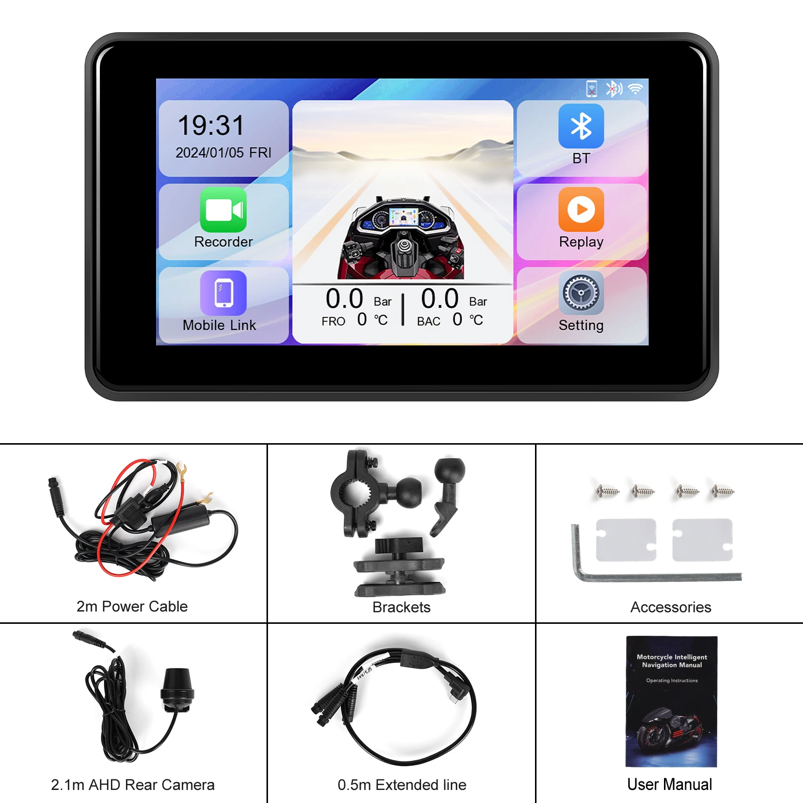 podofo 5 inch motorcycle portable wireless carplay screen android auto recording dvr navigation gps with front rear camera a3996-15