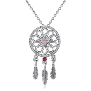 Wholesale Custom 925 Sterling Silver Women Feather Dreamcatcher Dream Catcher Charms Pendant Necklace