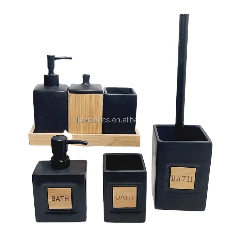 Wholesale Ceramic Bath Accessories Set With Bamboo Soap Dispenser