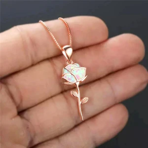 Classic Style Pendant 18K Rose Gold Jewelry Necklaces Valentine'S Day Gold Plated 925 Sterling Silver Opal Rose Flower Necklace