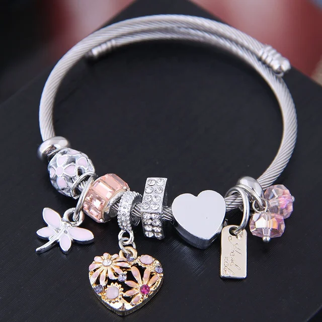 Hot Sale Silver Plated Stainless Steel Daisy Heart Dragonfly Crystal Beaded Charm Bracelet Large Hole Beads Bracelet for Women