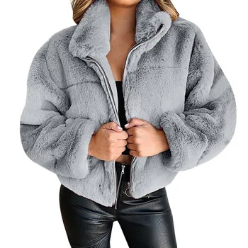 Wholesale 2021 Amazon New Women's Winter Short Faux Fur Coat Ladies Rabbit Faux Fur Jacket with Zip Plus Size Casual Coats
