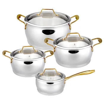OEM Customize 8Pcs Belly Shape Cookware induction Stainless Steel Cooking Pots Cookware Set With Gold Handle