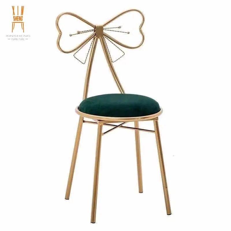 Party Pink Velvet Gold Metal Bow Shape Back Kid Chairs