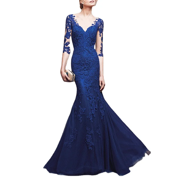 Appliques a Line Lace Bridal Satin Custom Made Beaded Royal Blue Wedding  Gold Bridesmaids Dresses for Women Wedding