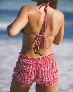 High Quality Swimwear Textured Fabric Swimwear Custom Red Gingham Bikini Shorts Set 2026 Brazilian Thong Bikini Manufacturer