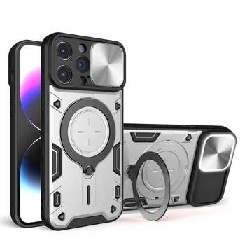 Slide camera kickstand phone case for iPhone 15 14 13 12 pro max with holder 2 in 1 hybrid cellphone case for iPhone 14 15