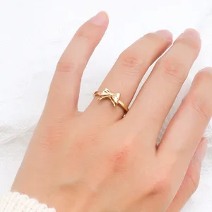 French Vintage Style 14K Gold Bow Ring Adjustable on Finger Brass Jewelry with Copper Plating Fashionable Rings