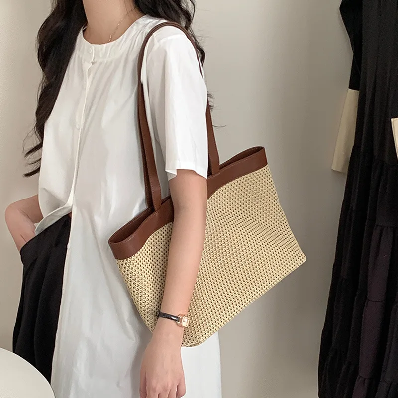 Autumn All Seasons Straw Tote Bag Women Lattice Large Woven Open-ended Polyester Cotton Lining Single-Shoulder Daily Use