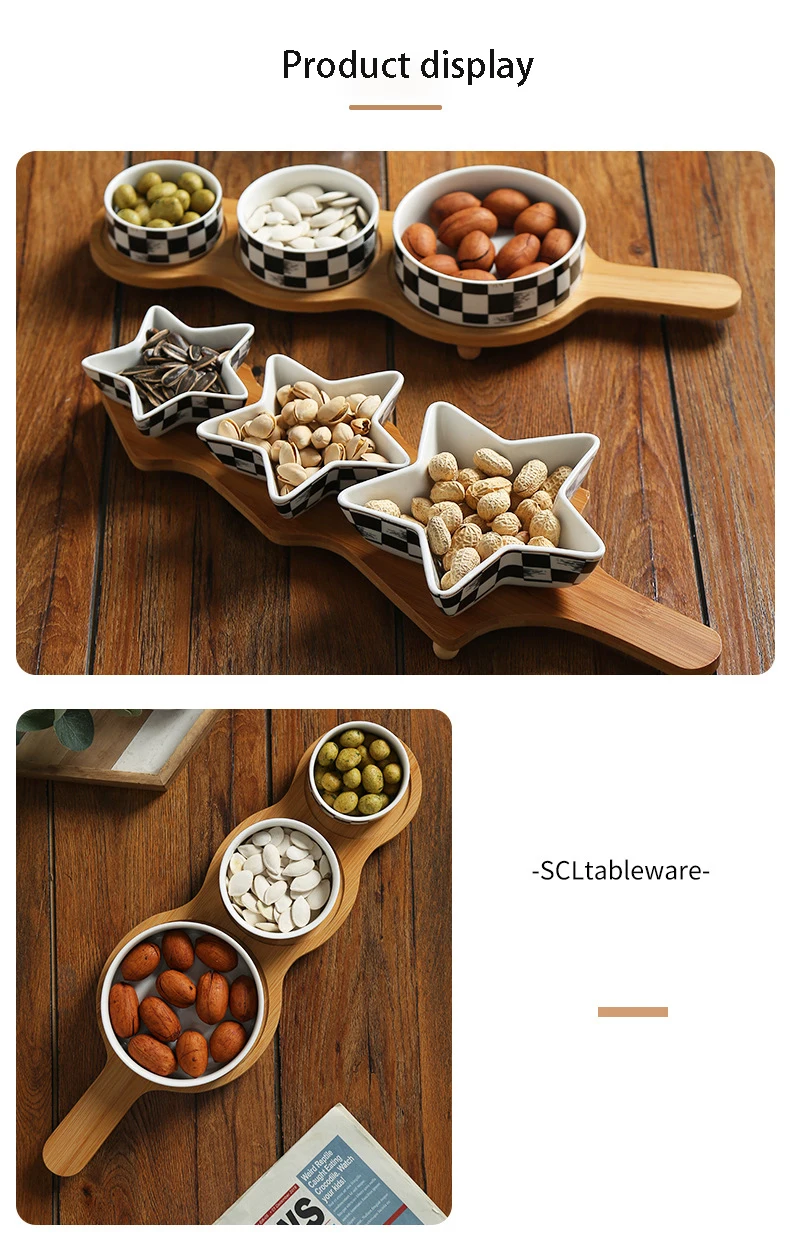 3 Compartment Dried Fruit Ceramic Plate Snack Soy Dipping Sauce Bowl