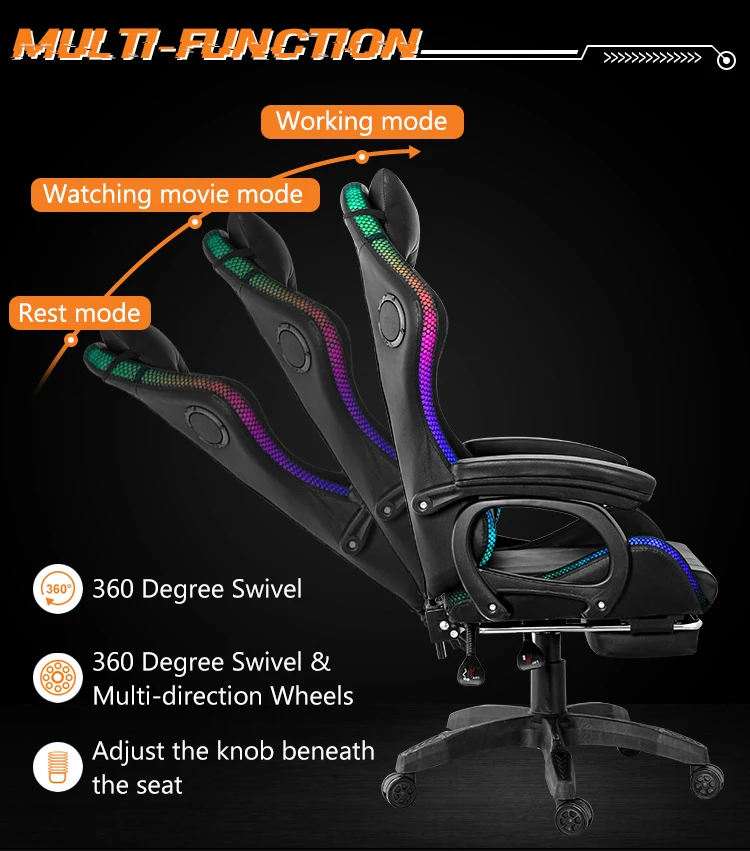 High Back PC Ergonomic RGB LED PU Leather Racing Swivel Computer Gaming Chair With Footrest And Massage Speaker