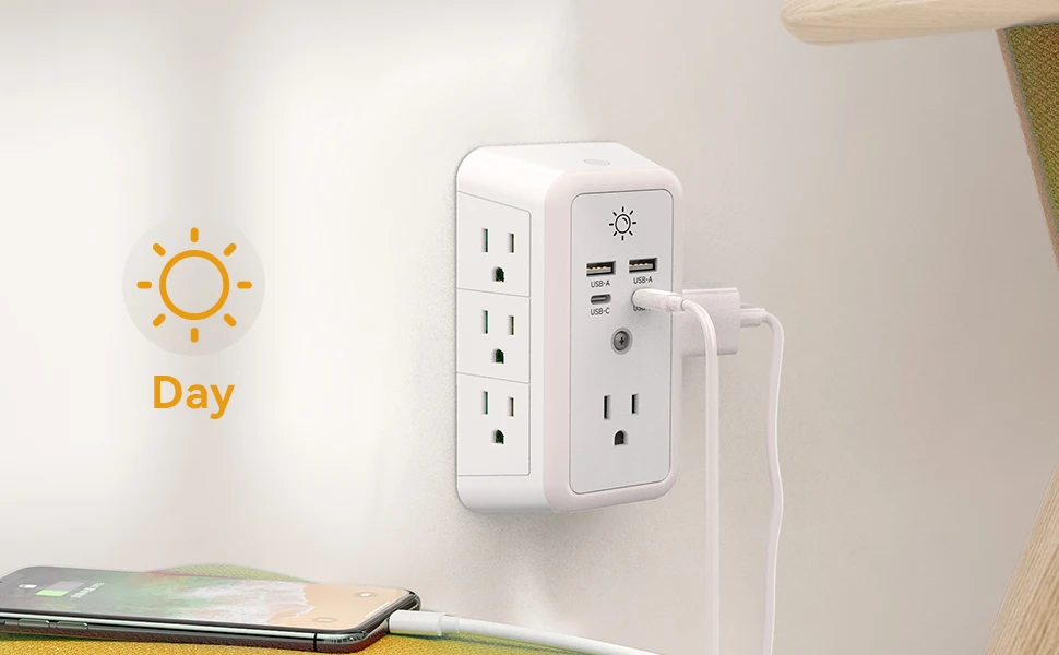 ETL List Multi Plug Wall Charger Surge Protector 7 Outlet Extender with 4 USB Charging Ports 1680J Power Strips with Night Light