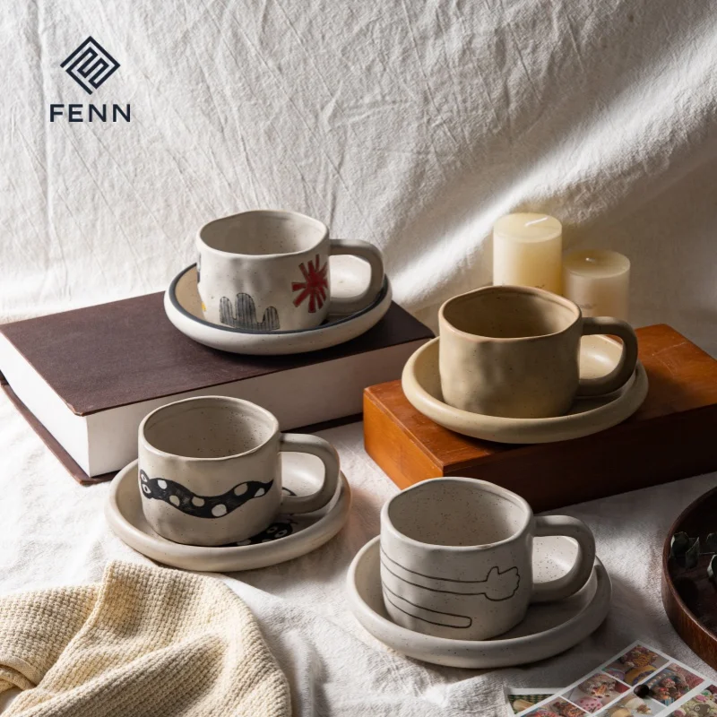 product fenn wholesale vintage speckled seasome custom cup saucer pottery cup plate set clay cup ceramic coffee mug with saucer for gift-65