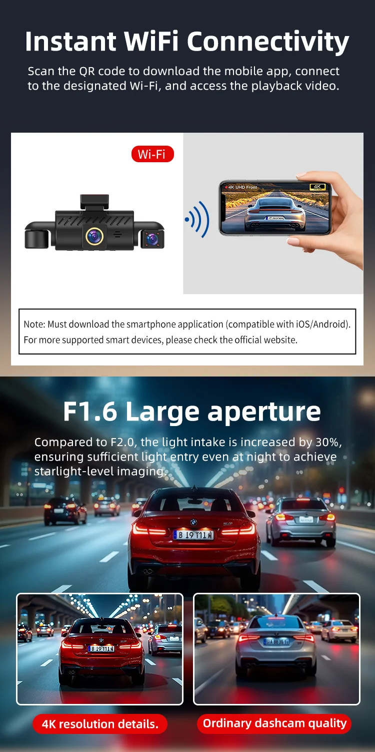 High-end Dash Cam Front and Rear 4k Inside Outside DVR 3.0 Inches LCD 4 Channel Black Box F1.6 with Wifi App Parking Monitoring supplier